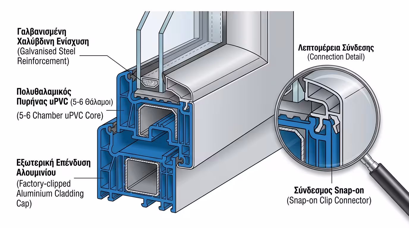 Πυρήνας uPVC 5-6 θαλάμων με εξωτερικό καπάκι αλουμινίου (cladding)