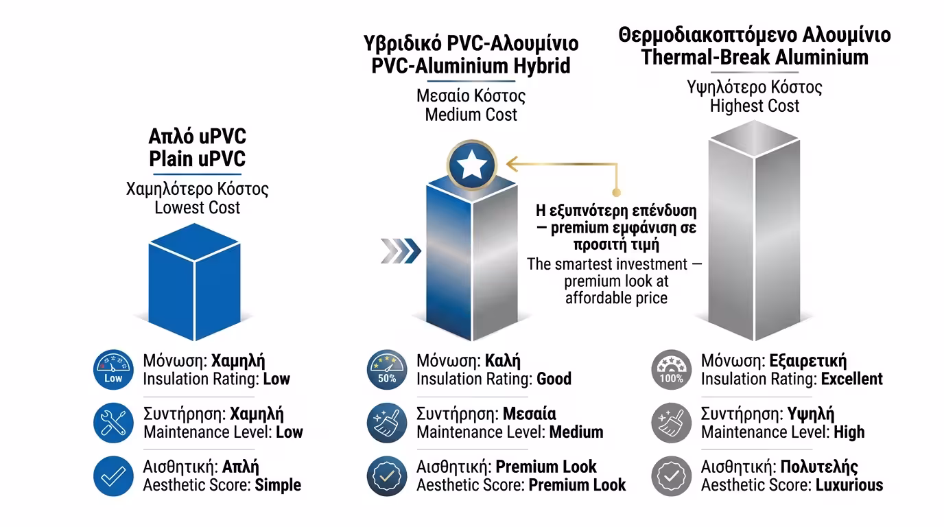 Ιεραρχία κόστους - uPVC → Υβριδικό → Αλουμίνιο