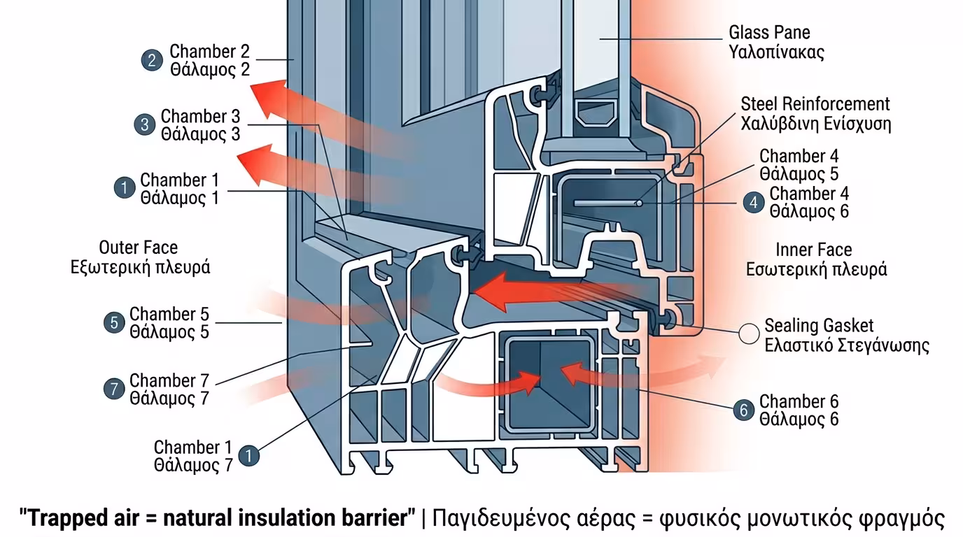 Τομή προφίλ PVC - εγκλωβισμένος αέρας στους θαλάμους