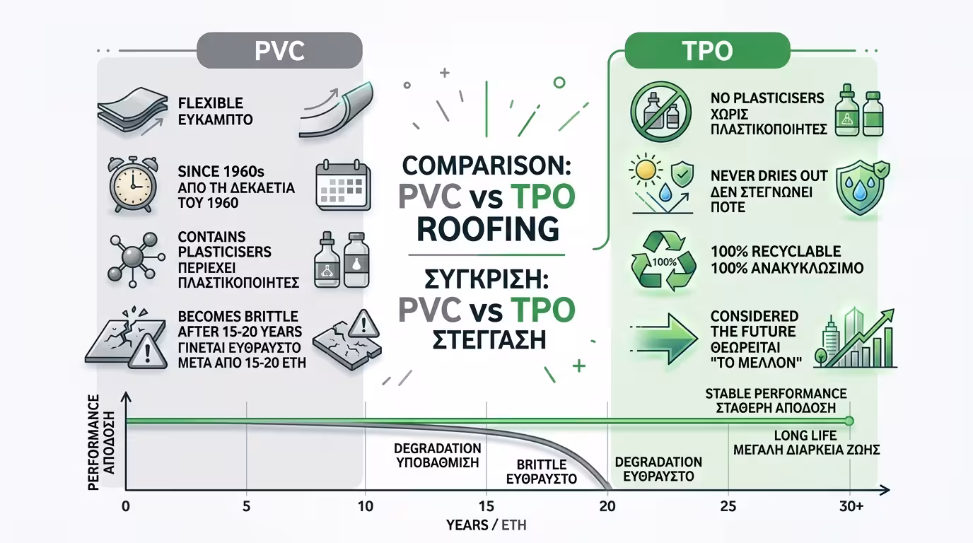 PVC vs TPO - σύγκριση χημείας, ιδιοτήτων και διάρκειας ζωής