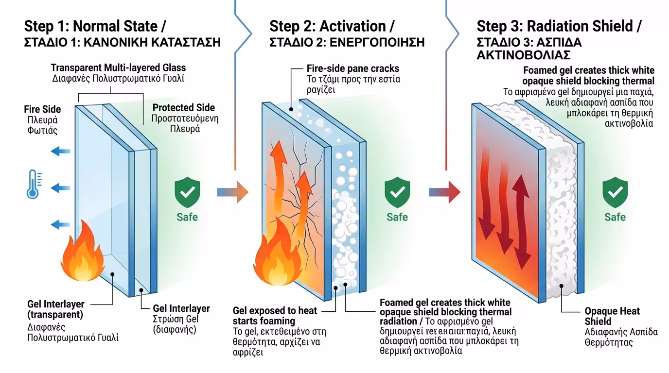 Πυράντοχο τζάμι intumescent glass - πολυστρωματικό, gel που αφρίζει, λευκή ασπίδα