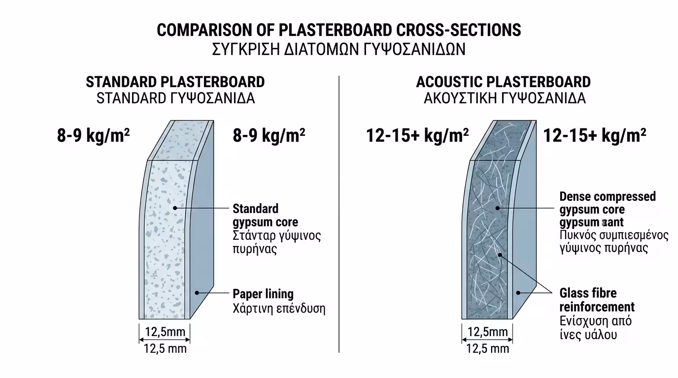 Τομή ακουστικής γυψοσανίδας: πυκνός πυρήνας, υαλοΐνες, 12-15+ kg/m²
