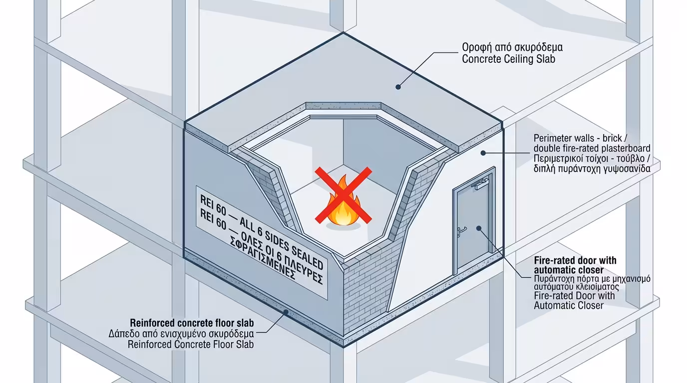 Πυροδιαμέρισμα - αδιαπέραστο κουτί από 6 πλευρές: δάπεδο, οροφή, τοίχοι, πόρτες