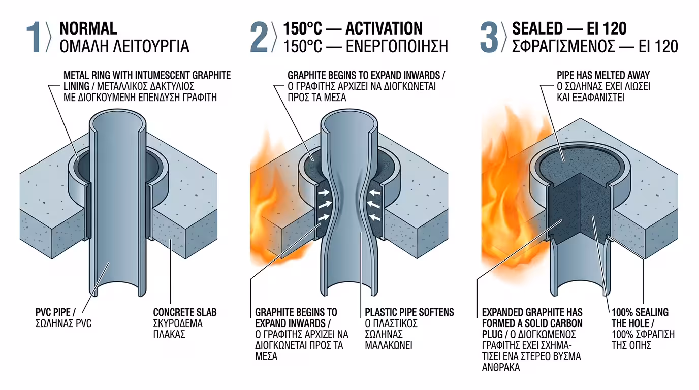 Πυροφραγμικό κολάρο: μεταλλικό δαχτυλίδι με θερμοδιογκούμενο γραφίτη που συνθλίβει τον σωλήνα