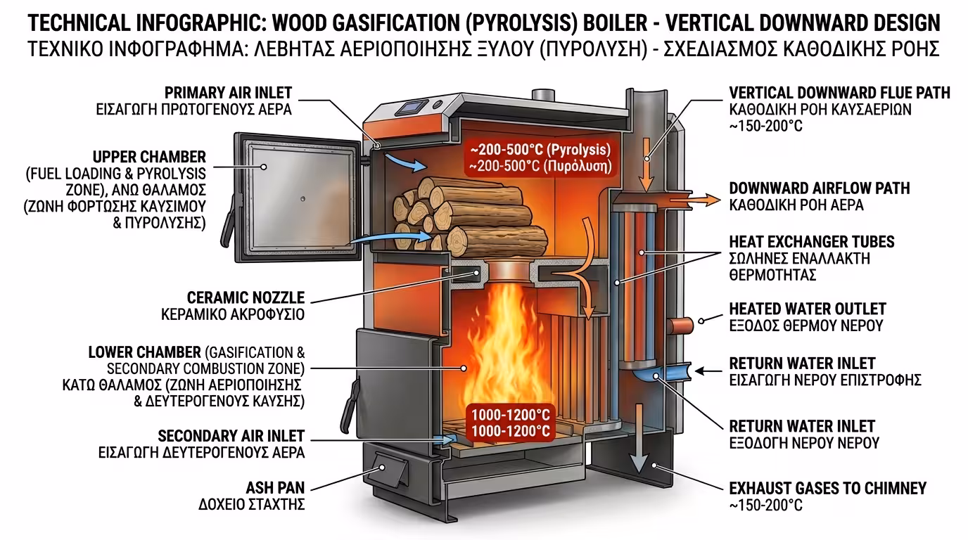 Λέβητας πυρόλυσης - διπλός θάλαμος, ξυλαέριο, εισαγωγή