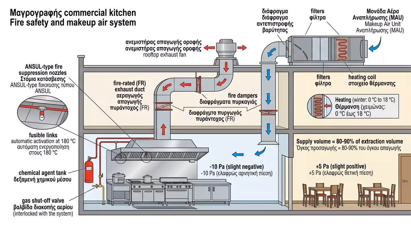 Πυροπροστασία ANSUL - νωπός αέρας, makeup air, κλαπέτο βαρύτητας