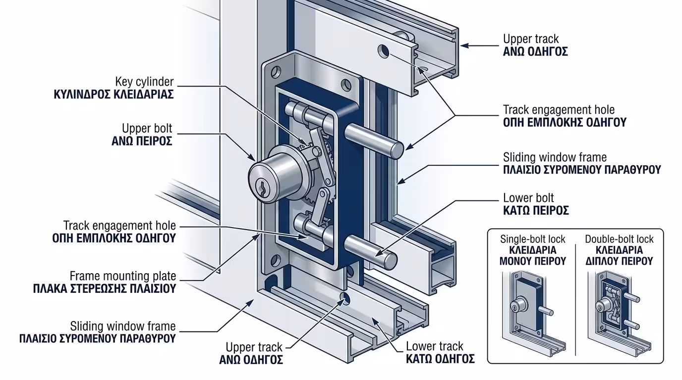 Πύρος διπλής ασφάλισης - κλειδαριά επαλλήλων αλουμινίων
