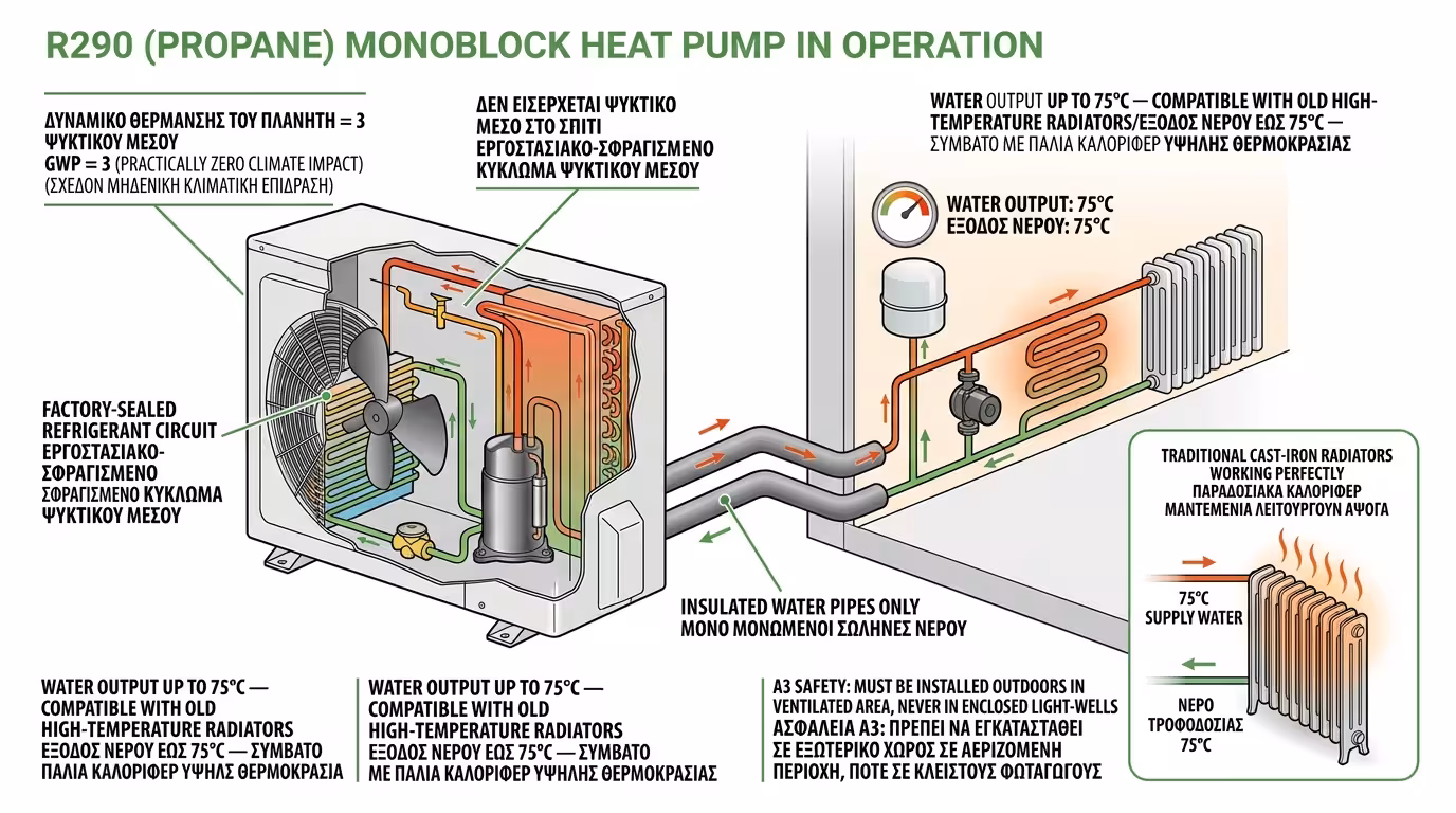 R290 Προπάνιο - Monoblock αντλία υψηλών θερμοκρασιών 75°C