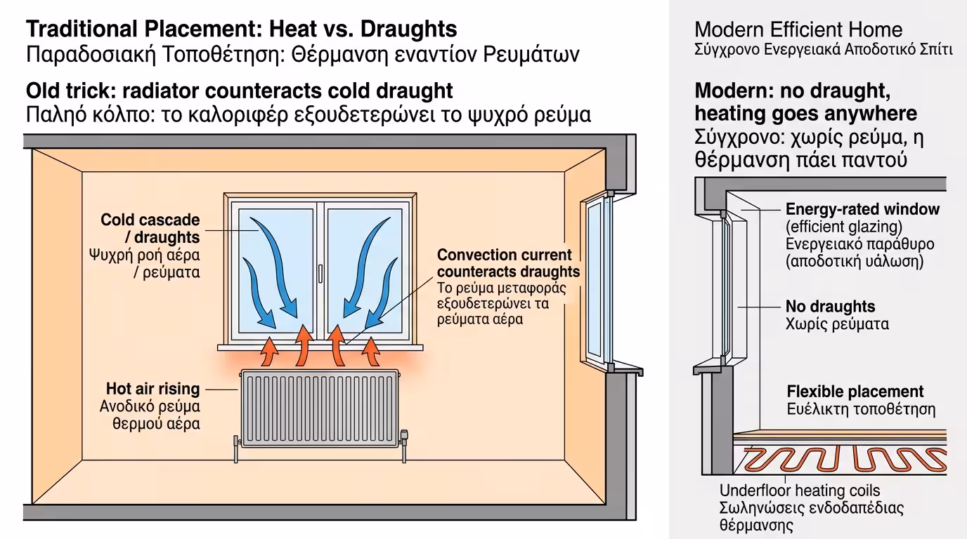 Καλοριφέρ κάτω από παράθυρο - ο ζεστός αέρας ακυρώνει τον κρύο καταρράκτη