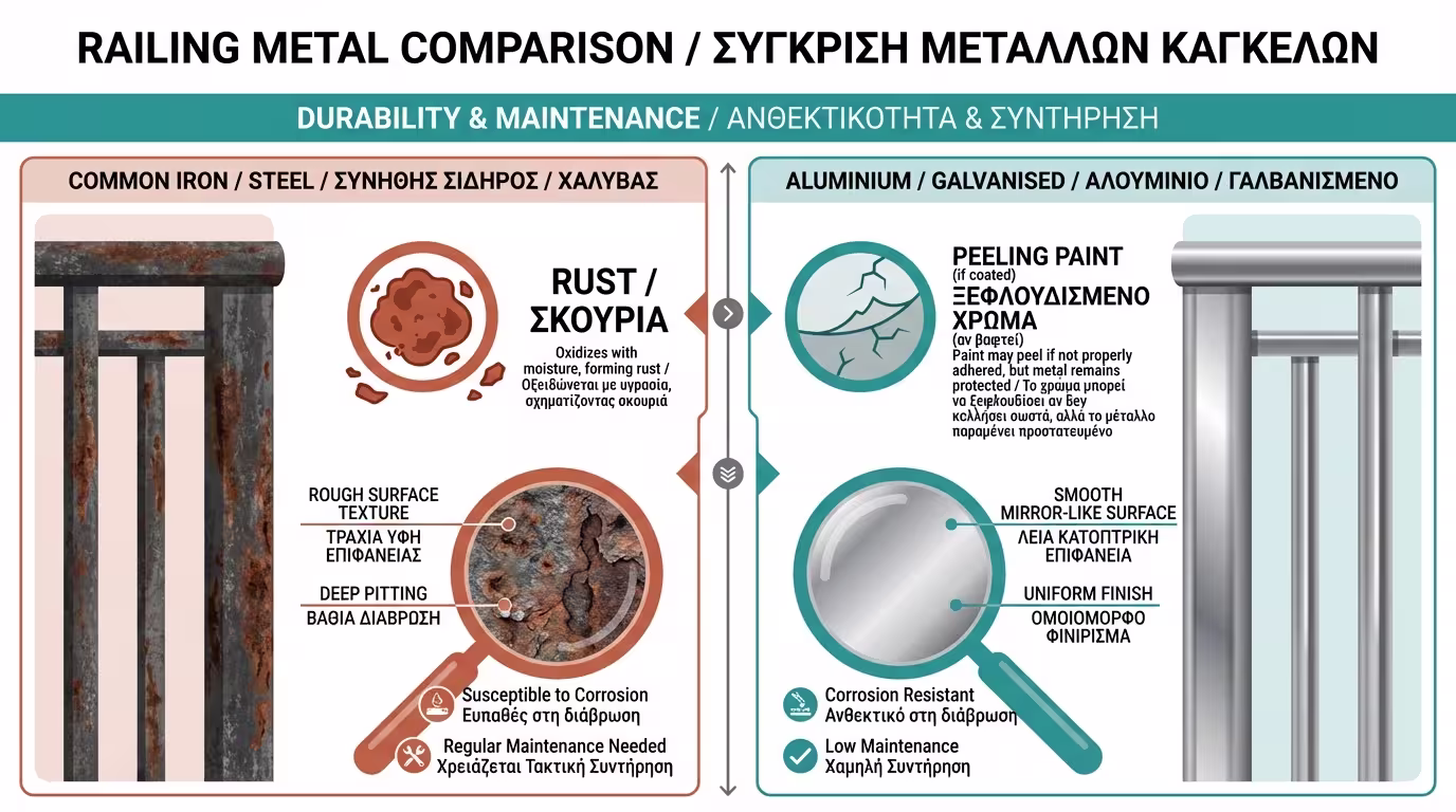 Ινφογκράφικ: Σύγκριση κοινού σιδήρου vs αλουμινίου/γαλβανιζέ - διαφορετική χημεία πρόσφυσης.