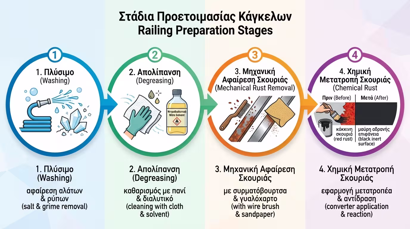 Ινφογκράφικ: Τα 3 στάδια προετοιμασίας κάγκελων - Πλύσιμο, Απολίπανση, Αφαίρεση σκουριάς.