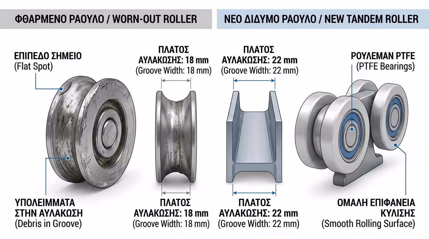 Φθαρμένο ράουλο: σπασμένο ρουλεμάν και λιωμένο τεφλόν