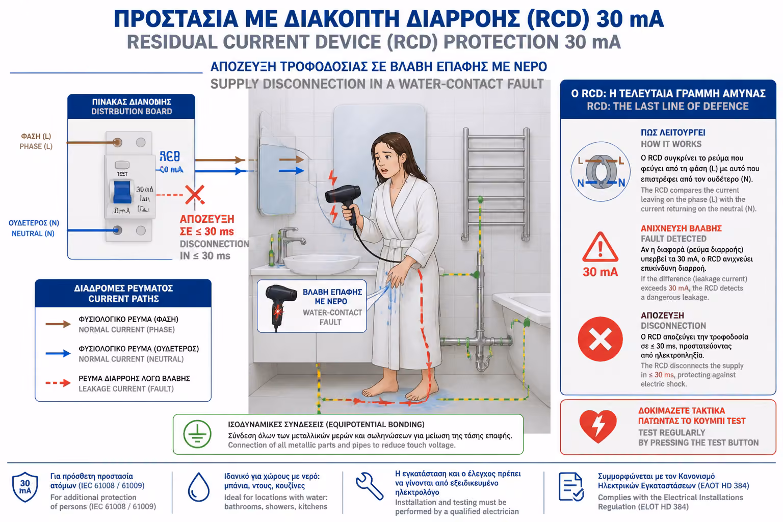Προστασία μπάνιου με ρελέ διαρροής 30mA