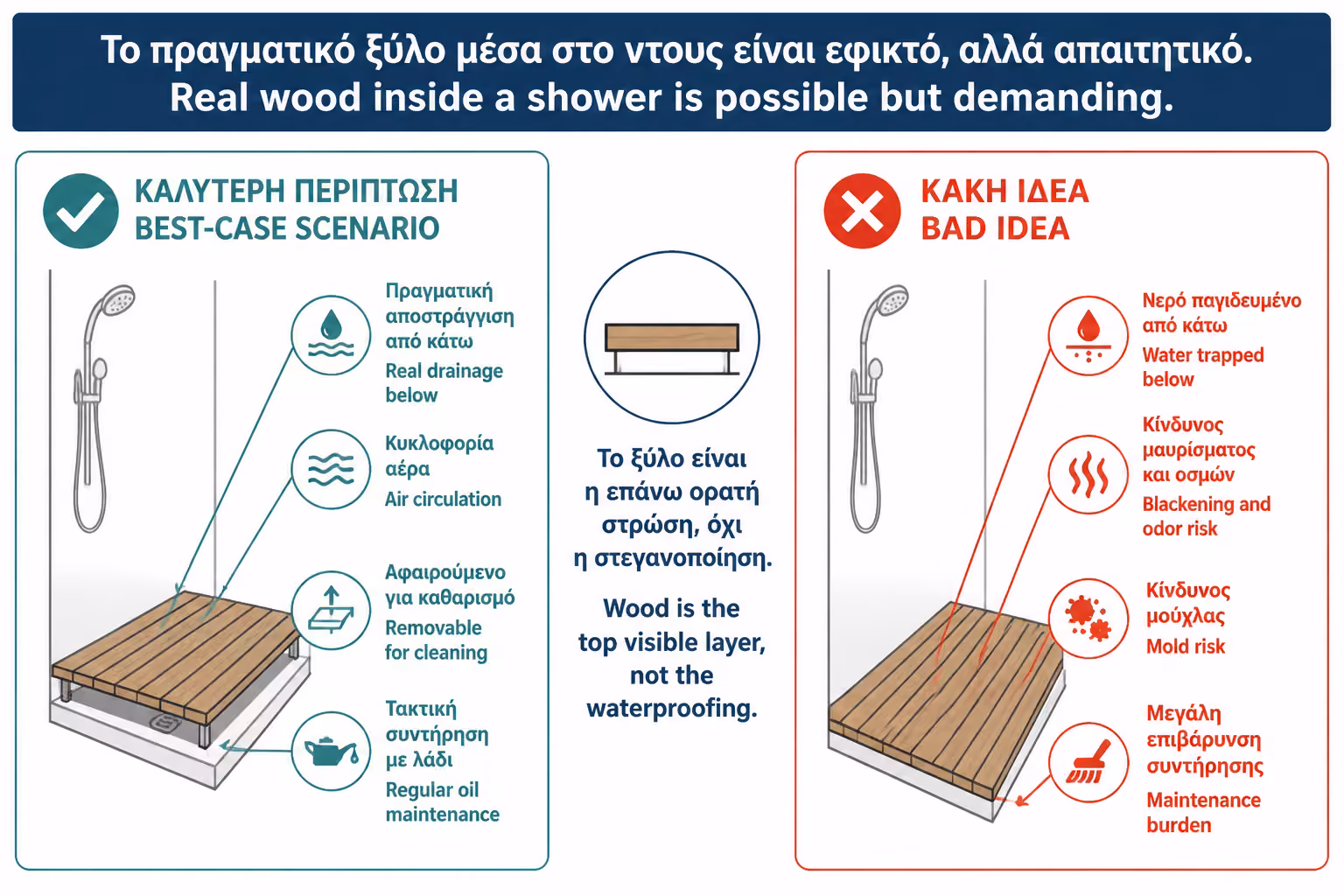 Εικονογράφηση για 6. Μπορεί να μπει πραγματικό ξύλο μέσα στη ντουζιέρα;