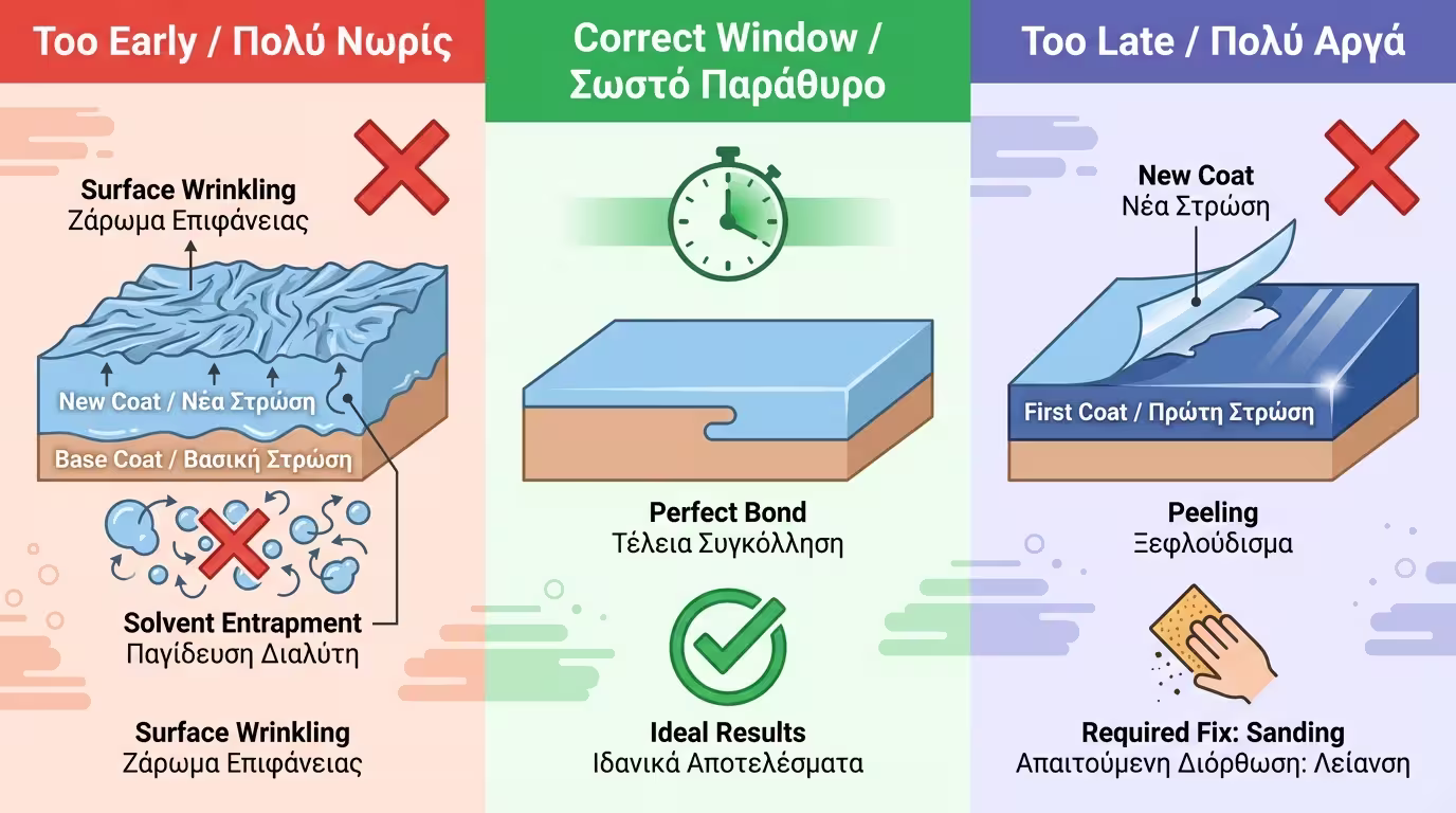 Ινφογκράφικ: Πολύ νωρίς → φουσκάλες/ζάρωμα. Πολύ αργά → ξεφλούδισμα (χρειάζεται τρίψιμο).