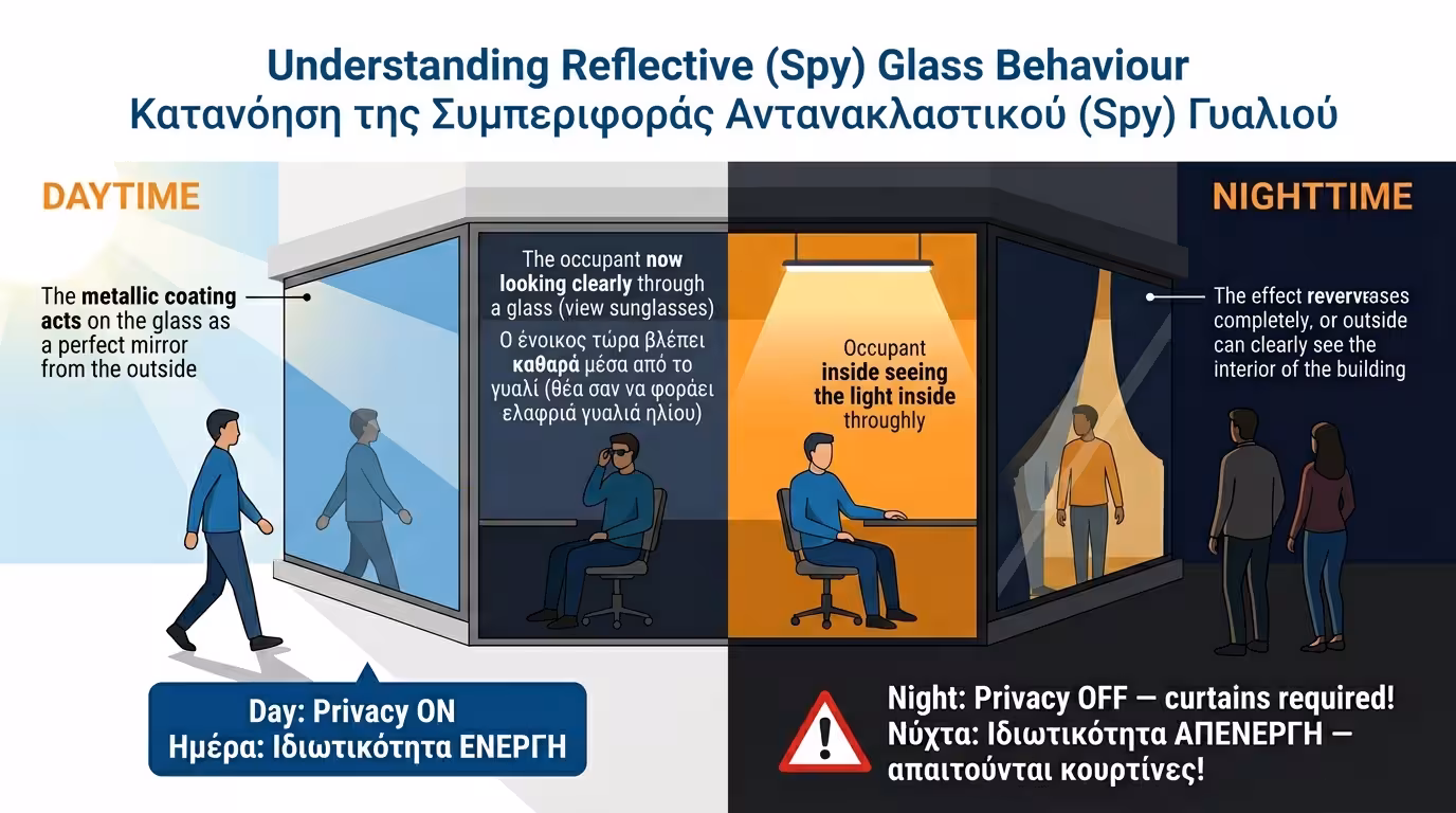 Ανακλαστικό τζάμι καθρέπτης - ημερήσια ιδιωτικότητα με ανεμπόδιστη θέα