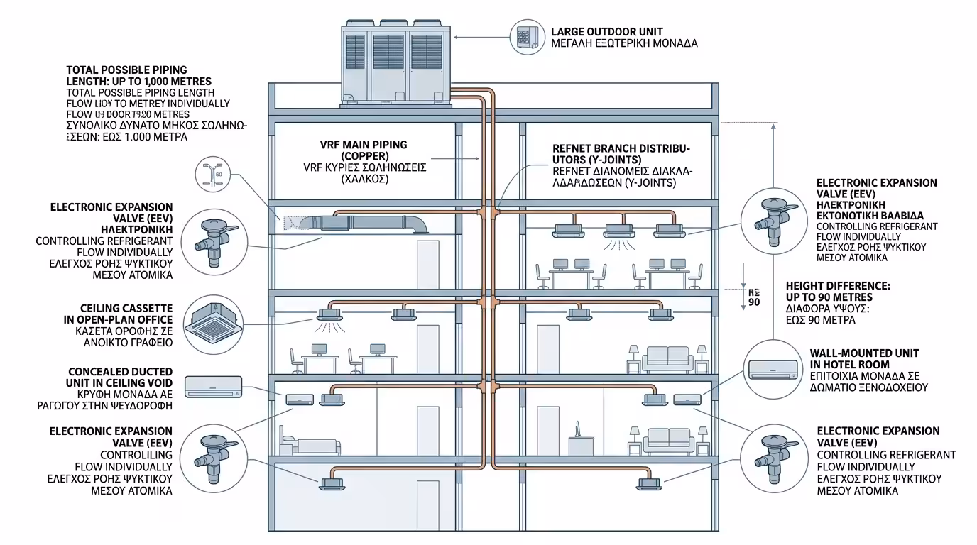 Δίκτυο σωληνώσεων VRF με Refnets - διακλαδωτήρες φρέον ανά όροφο