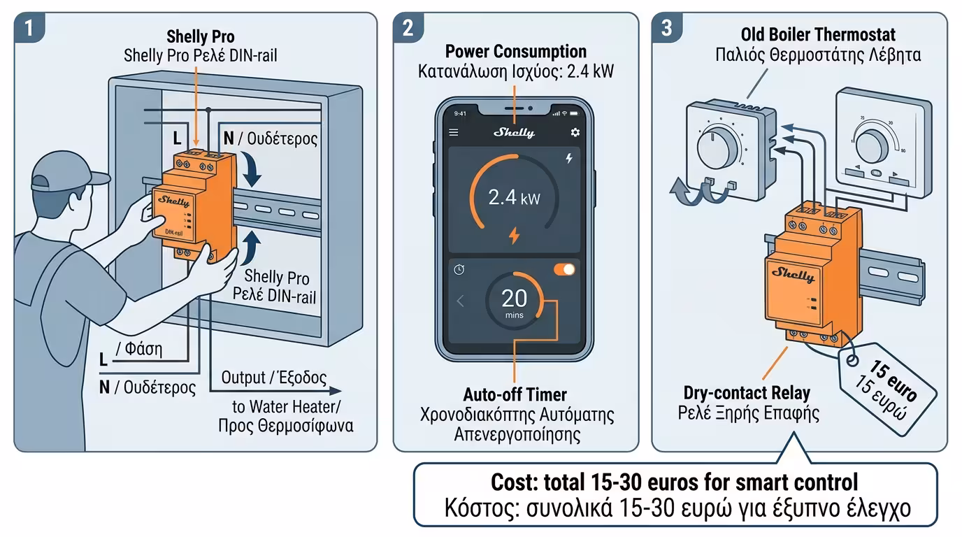 Ρελέ Shelly Sonoff - θερμοσίφωνας, ηλεκτρολογικός πίνακας, κινητό