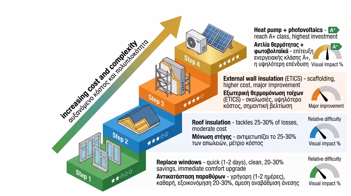 Σειρά προτεραιότητας ενεργειακών επεμβάσεων - κουφώματα, ταράτσα, θερμοπρόσοψη