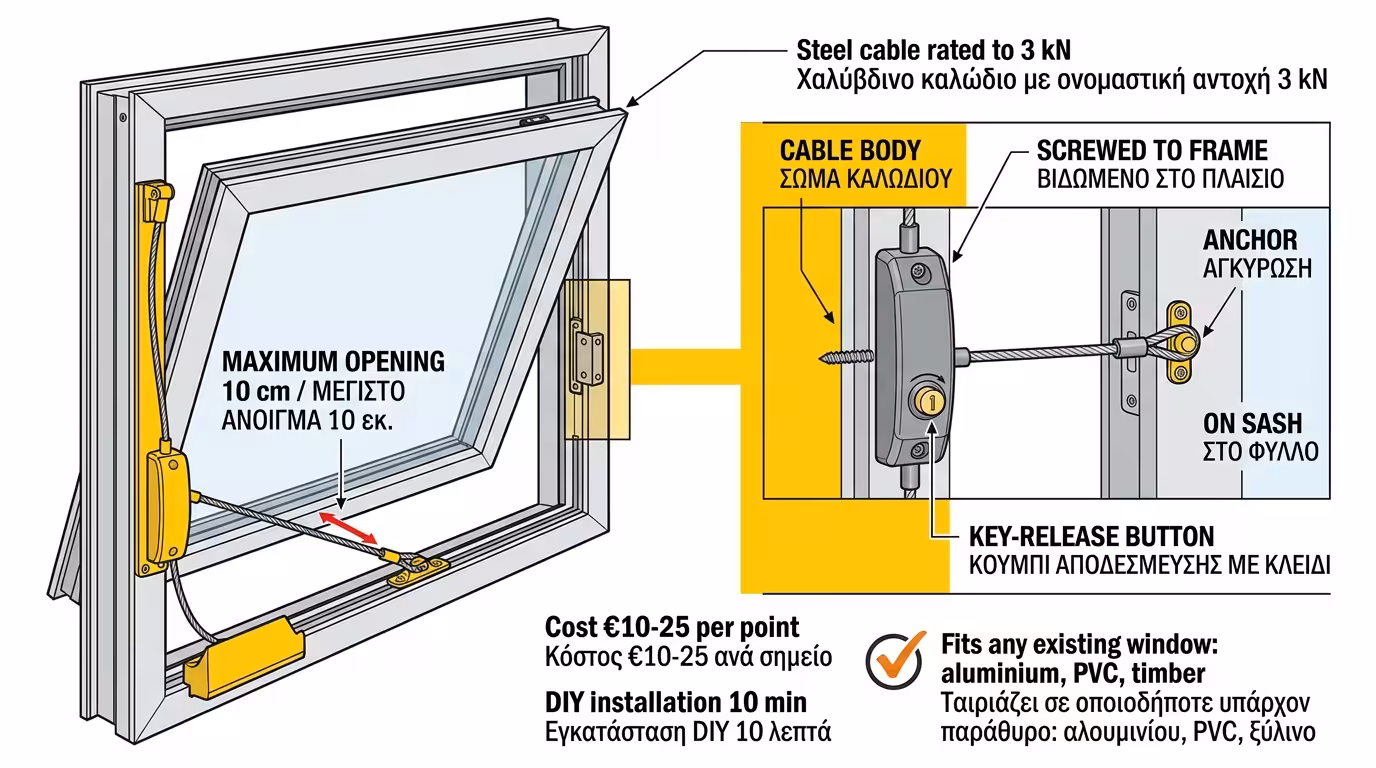 Περιοριστής ανοίγματος παραθύρου - καλώδιο ασφαλείας 10 εκ. μέγιστο άνοιγμα