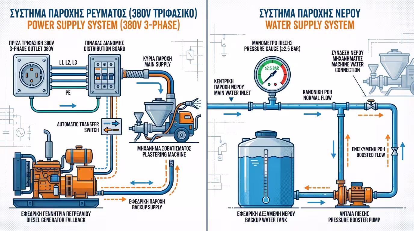 Τριφασικό ρεύμα, γεννήτρια, παροχή νερού για πρέσα σοβά