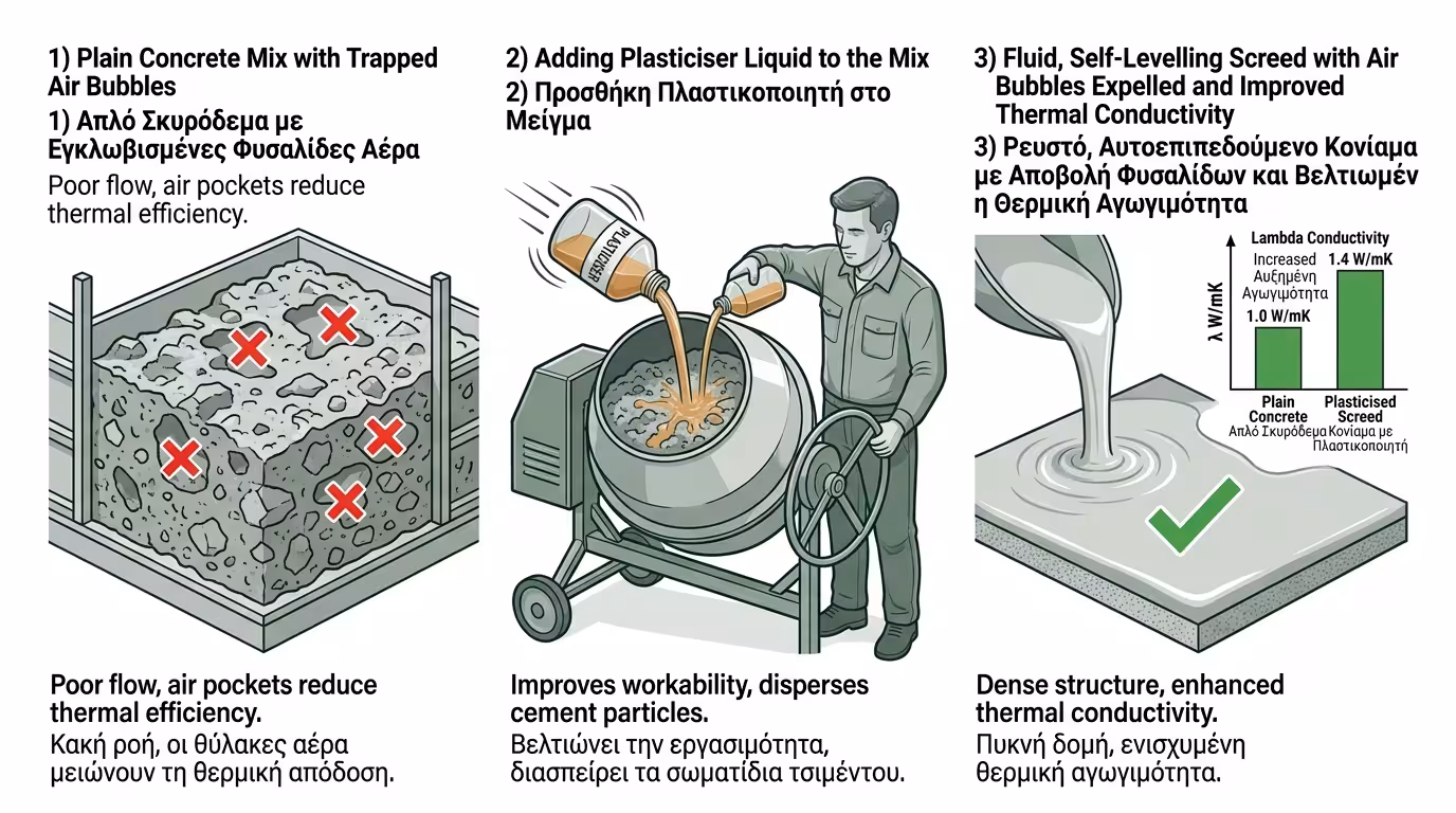 Ρευστοποιητής θερμομπετόν - αυτοεπιπεδούμενο μείγμα αγκαλιάζει σωλήνα 360 μοιρών χωρίς φούσκες αέρα