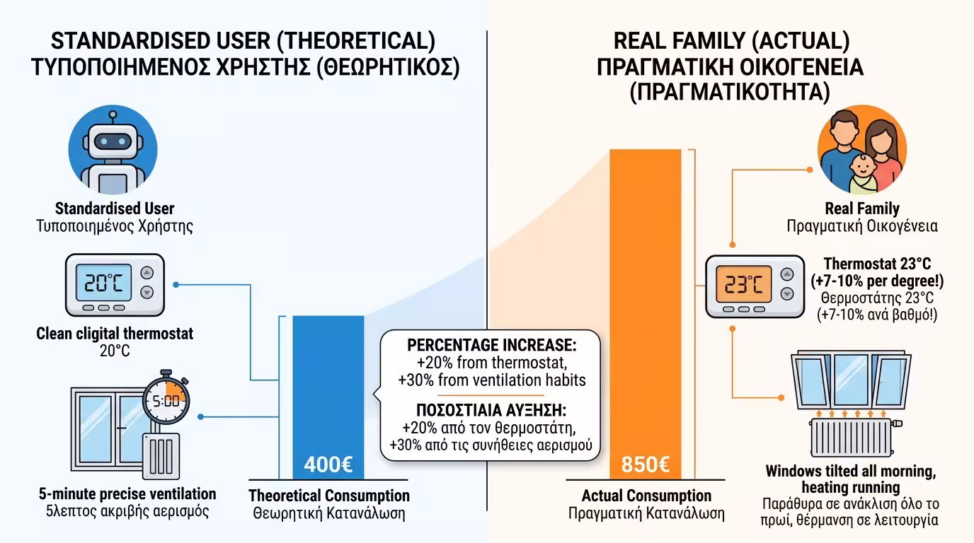 Standardized User (ρομπότ) στους 20°C vs πραγματικός χρήστης στους 23°C