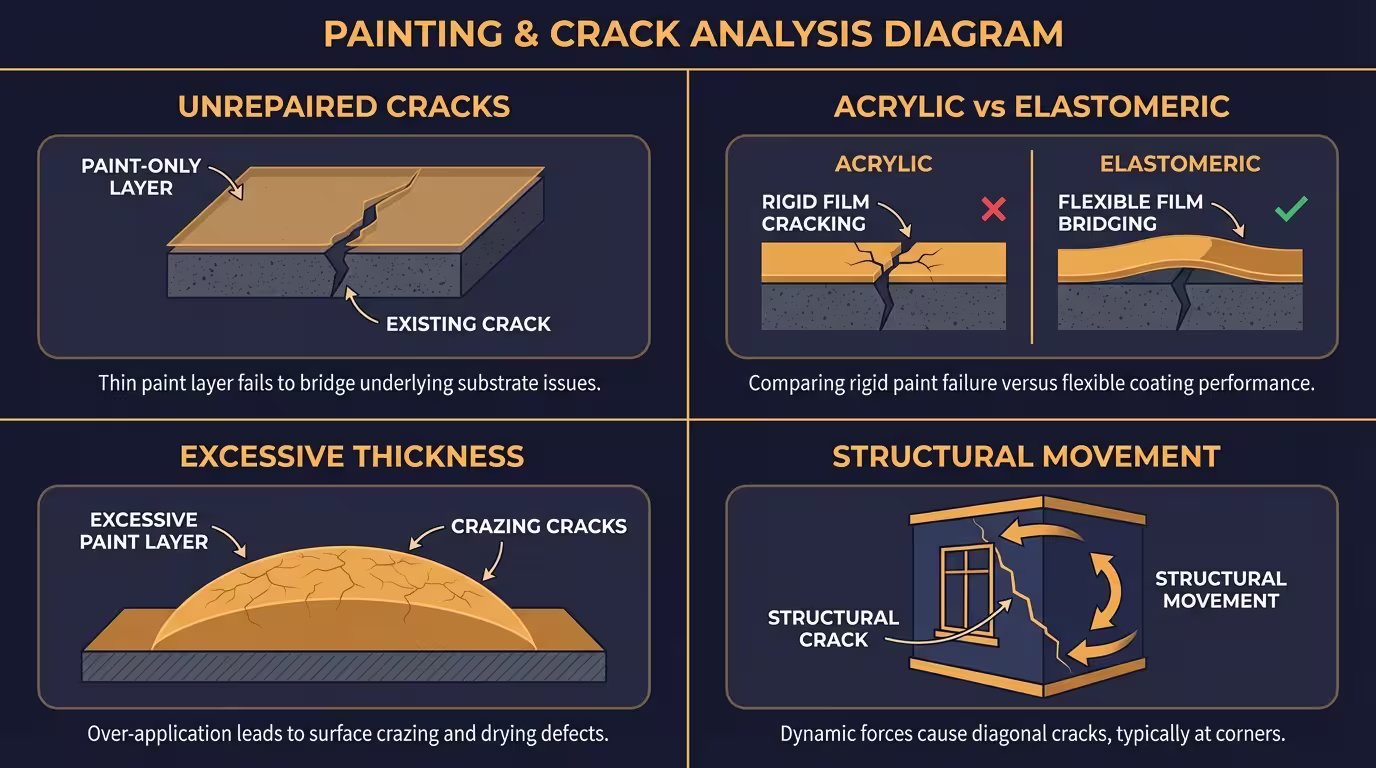 Τέσσερις αιτίες ρωγμών: μη επισκευασμένες ρωγμές, ακρυλικό αντί ελαστομερούς, υπερβολικό πάχος, δομικές κινήσεις