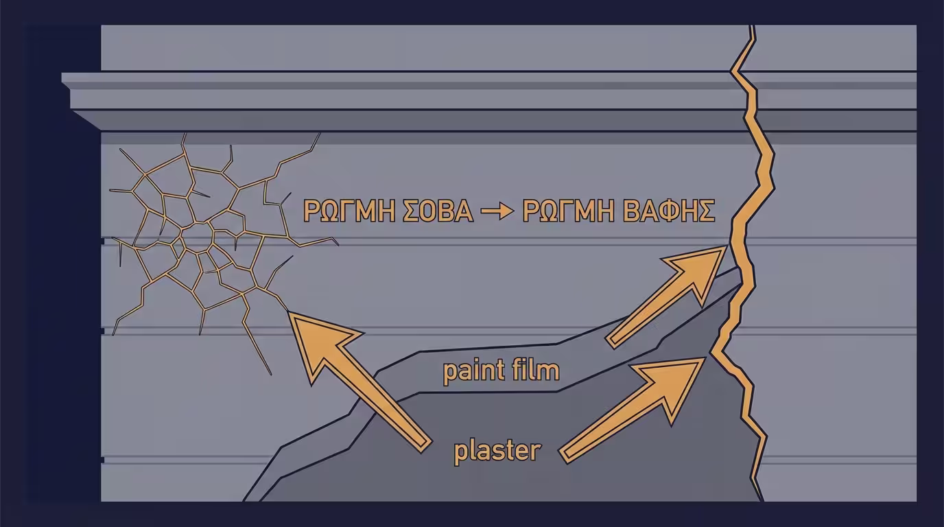 Ρωγμές στη βαφή πρόσοψης - η ρωγμή ξεκινά από τον σοβά και περνάει στο φιλμ