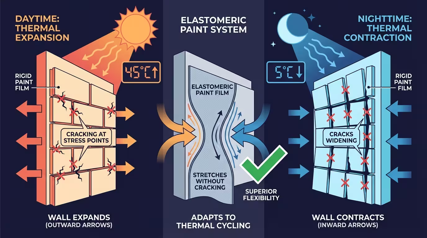 Θερμικός κύκλος πρόσοψης: η ζέστη διαστέλλει, το κρύο συστέλλει - άκαμπτο φιλμ σπάει, ελαστομερές αντέχει