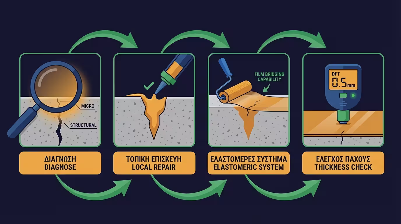 4 βήματα αντιμετώπισης ρωγμών: διάγνωση, τοπική επισκευή, ελαστομερές σύστημα, έλεγχος πάχους