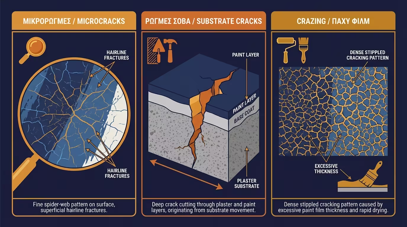 Σύγκριση τριών τύπων ρωγμών: μικρορωγμές, ρωγμές σοβά, crazing