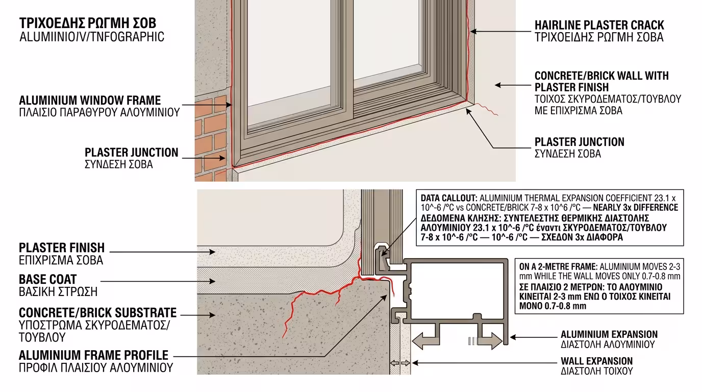 Τριχοειδής ρωγμή σοβά γύρω από κάσα αλουμινίου κουφώματος - γραμμική ρηγμάτωση