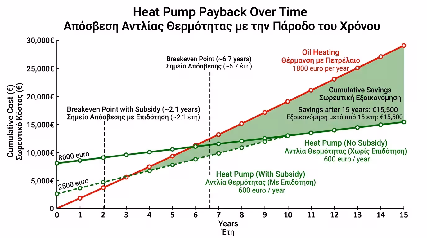 ROI απόσβεση – γράφημα εξοικονόμησης, χρόνια payback, πετρέλαιο vs Αντλία