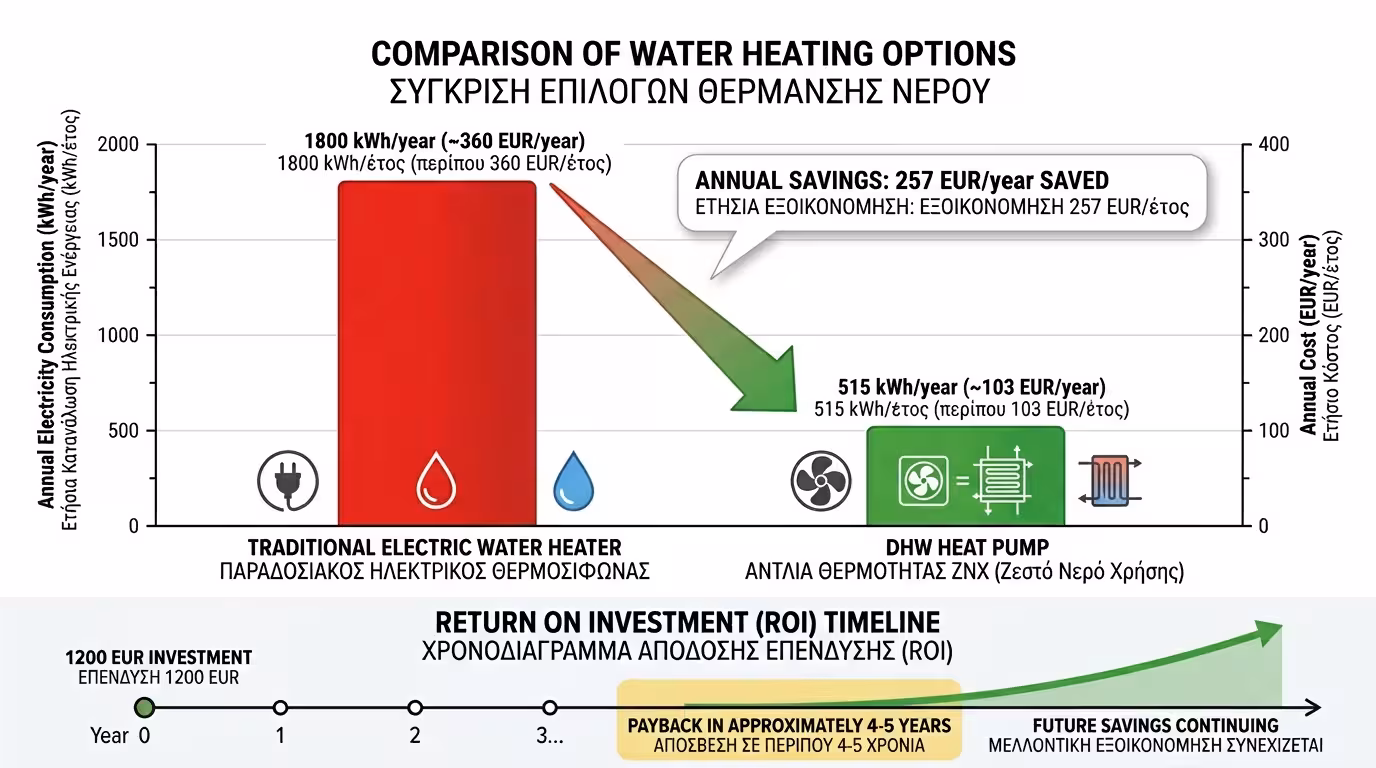 ROI ανάλυση - κατανάλωση 1800 vs 515 kWh, απόσβεση