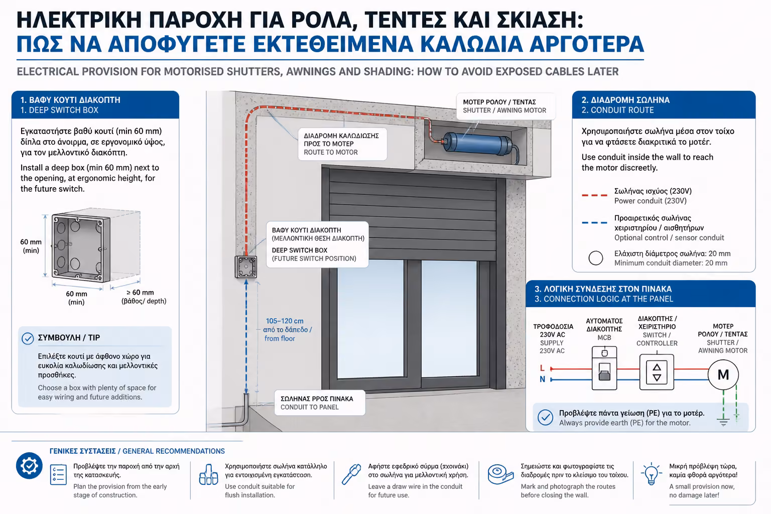 Βαθύ κουτί διακόπτη και όδευση προς μοτέρ ρολού πάνω από το κούφωμα