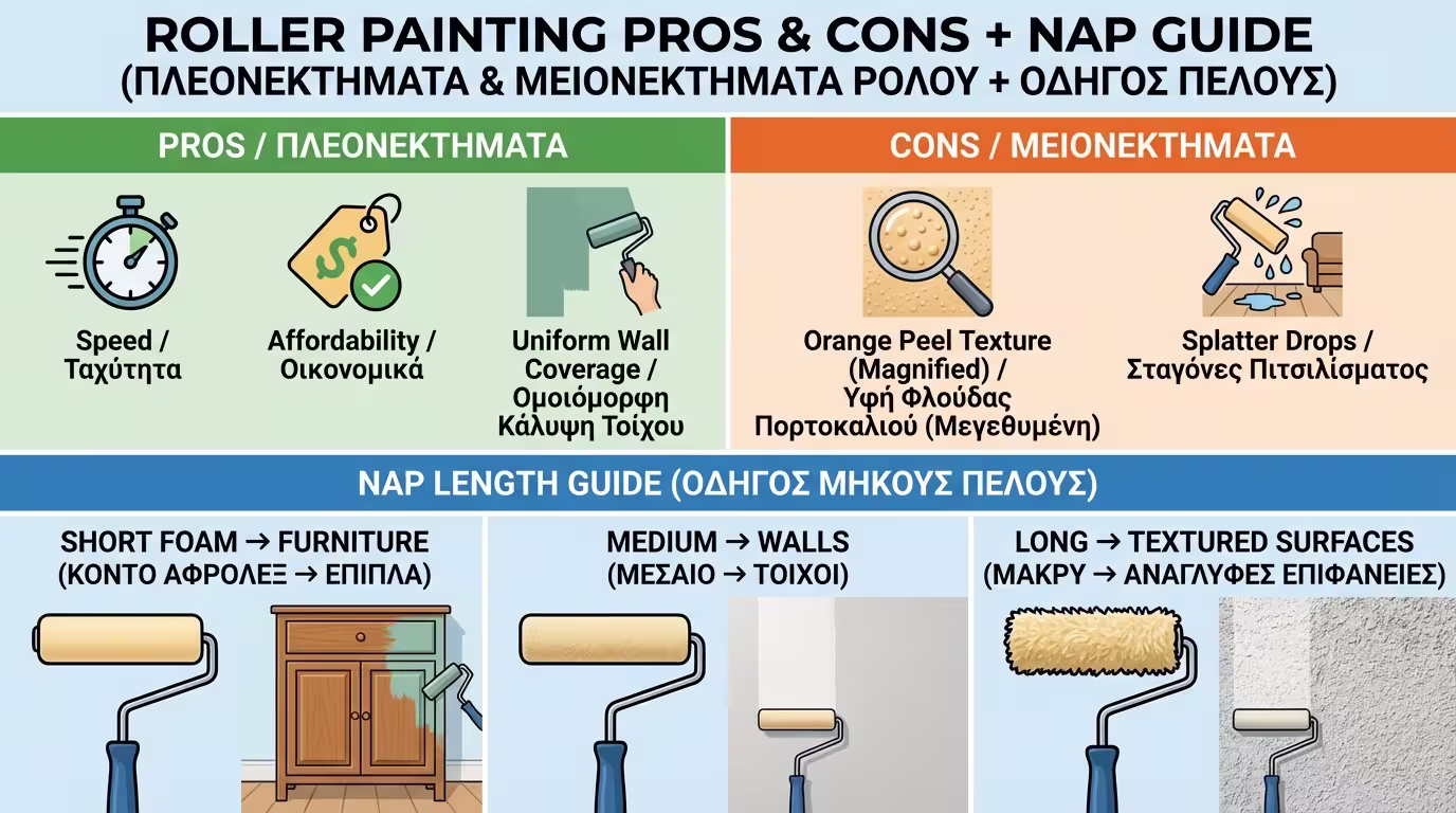 Ινφογκράφικ ρολού: ✓ γρήγορο, ✓ οικονομικό, ✓ ομοιόμορφη κάλυψη - ✗ orange peel, ✗ splatter. Μήκος πέλματος ανά επιφάνεια (ελληνικά και αγγλικά)