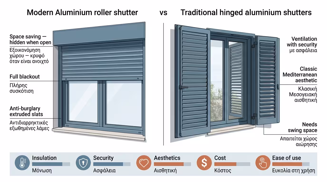 Σύγκριση ρολού και παντζουριού - κάθετη κίνηση φυλλαρακίων ρολού σε κουτί αλουμινίου