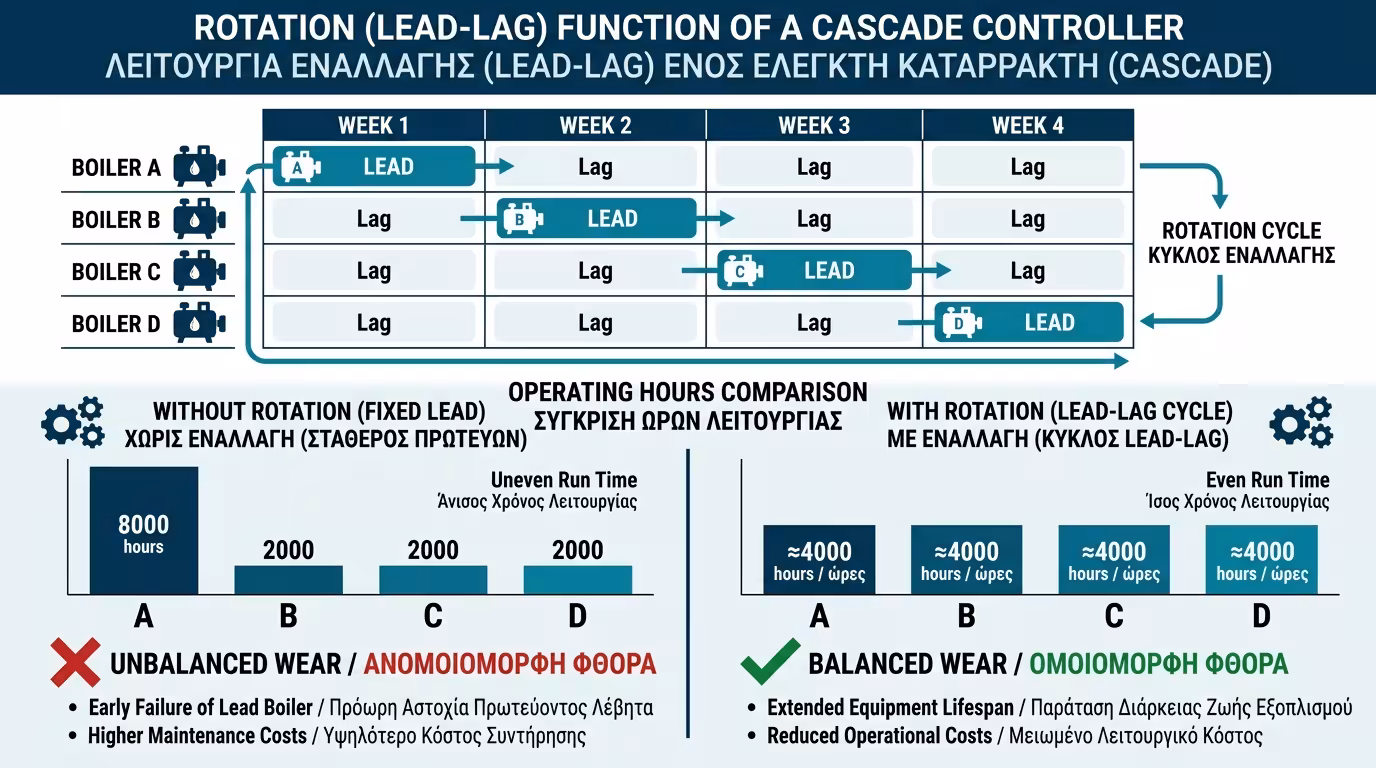 Rotation - αλλαγή σειράς εκκίνησης, εξισορρόπηση φθοράς λεβήτων