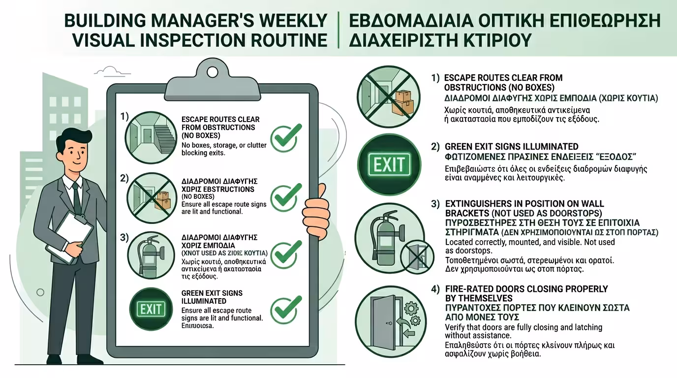 Εβδομαδιαίος οπτικός έλεγχος: έξοδοι, EXIT, πυροσβεστήρες, πόρτες