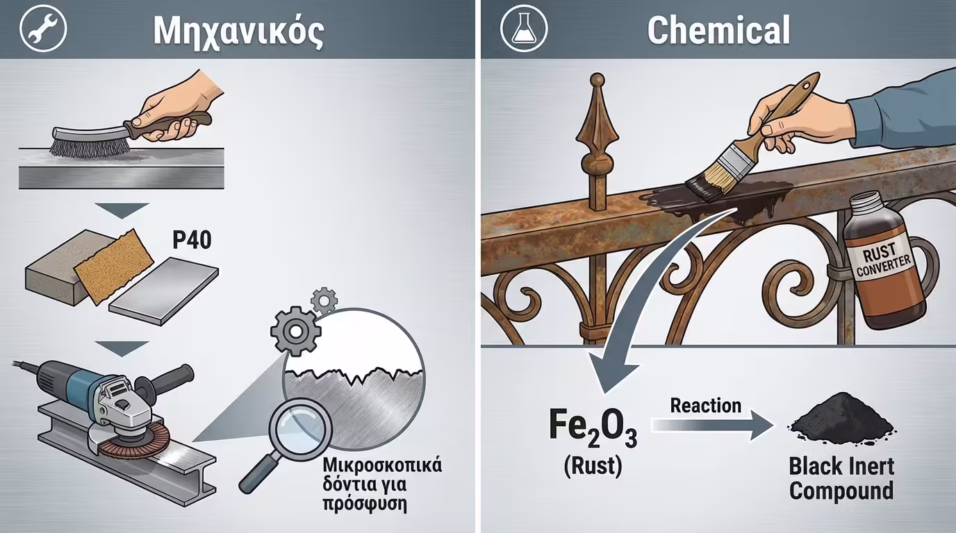 Σύγκριση τραχύτητας επιφάνειας μετά από αμμοβολή και τρίψιμο με εργαλεία χειρός.