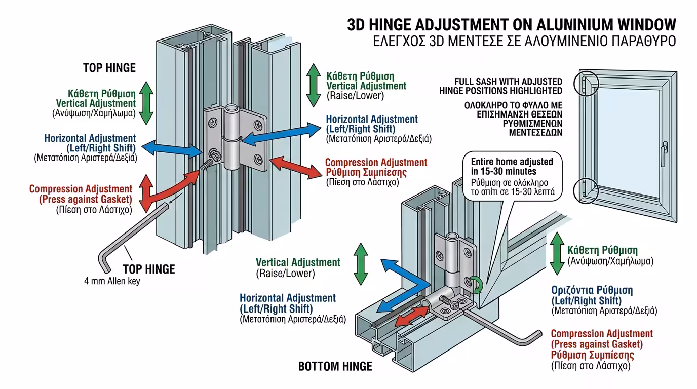 Ρύθμιση μεντεσέ 3D με κλειδί Allen - περιμετρικός μηχανισμός κλεισίματος κουφώματος