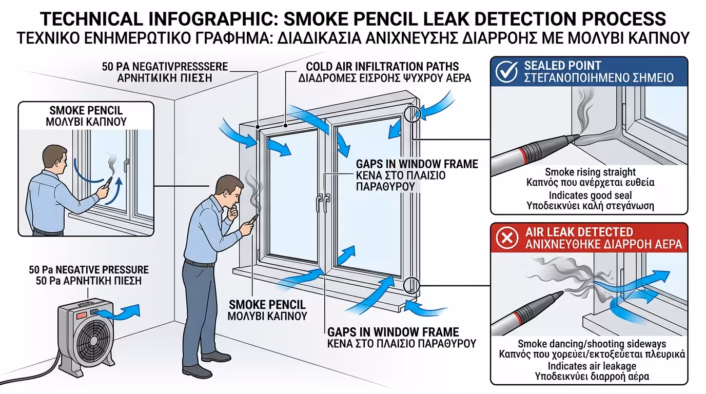 Μολύβι καπνού αποκαλύπτει αόρατη χαραμάδα στο παράθυρο