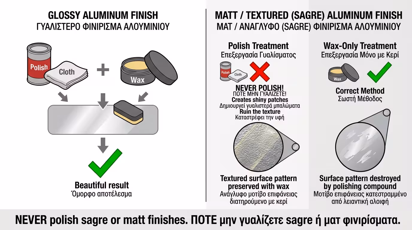 Σαγρέ/ματ βαφή αλουμινίου - δεν τρίβεται, μόνο κέρι