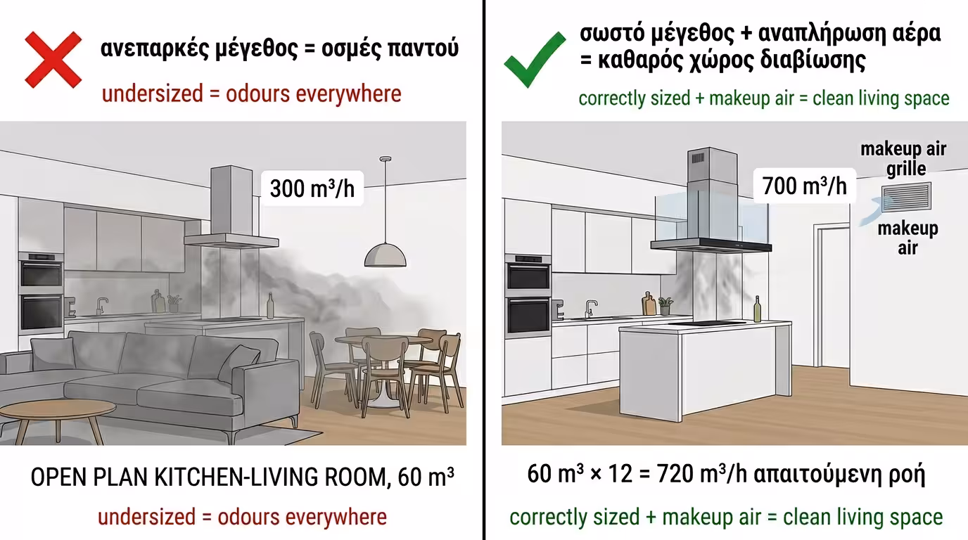 Σαλοκουζίνα open plan - λάθος υπολογισμός m³/h, υπερδιαστασιολόγηση απορροφητήρα