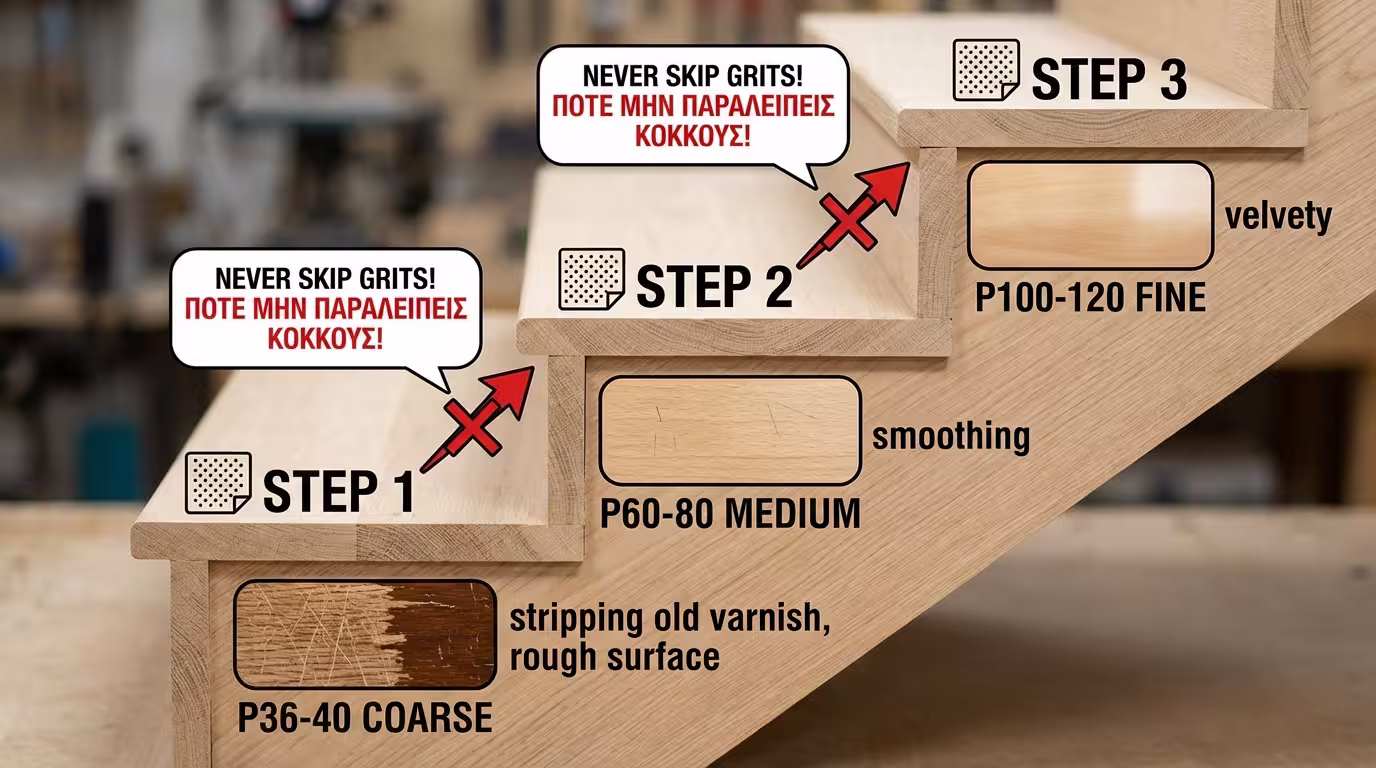 Ινφογκράφικ αλληλουχίας: 36/40 (αφαίρεση) → 60/80 (εξομάλυνση) → 100/120 (φινίρισμα). Μη πηδάτε νούμερα! (ελληνικά και αγγλικά)