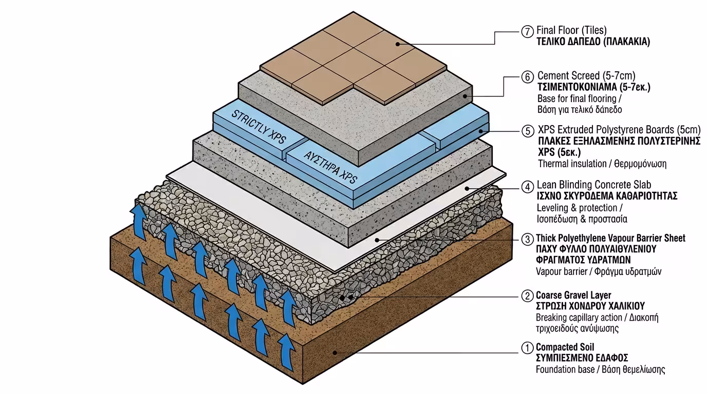 6 στρώσεις σάντουιτς δαπέδου - χαλίκι, νάιλον, μπετόν, XPS, κονία, πλακάκια
