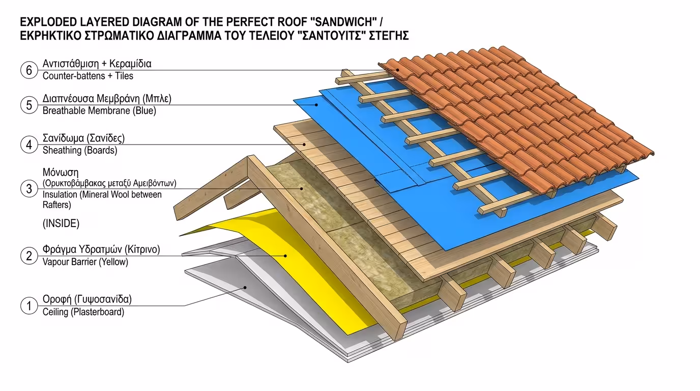 Σειρά υλικών σάντουιτς στέγης - από ταβάνι ως κεραμίδια
