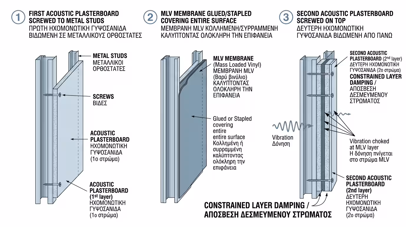 Τοποθέτηση MLV: σάντουιτς ανάμεσα σε δύο γυψοσανίδες - Constrained Layer Damping