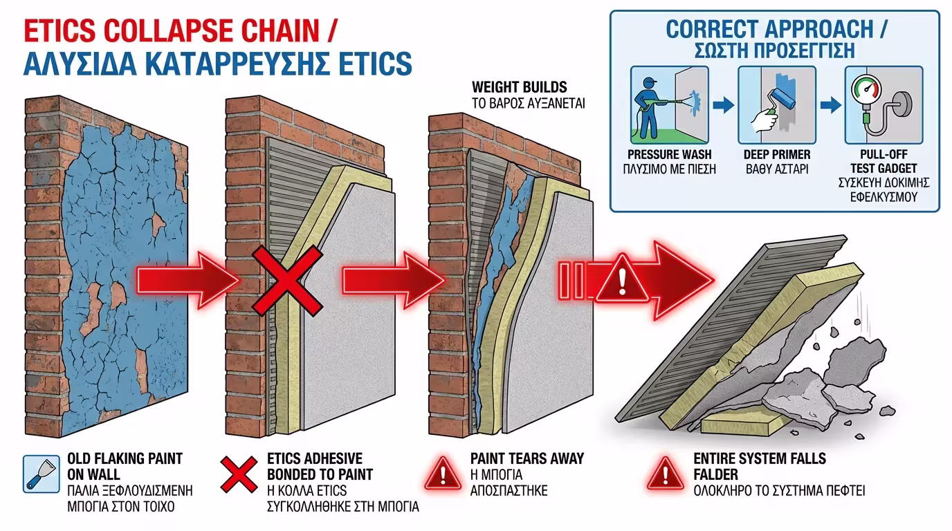 ETICS κολλημένο πάνω σε παλιό ξεφλουδισμένο χρώμα